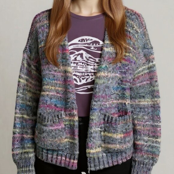 ANTHROPOLOGIE x T.LA Malia Rainbow Cardigan Gray Marled Sweater Size Medium - Picture 3 of 11